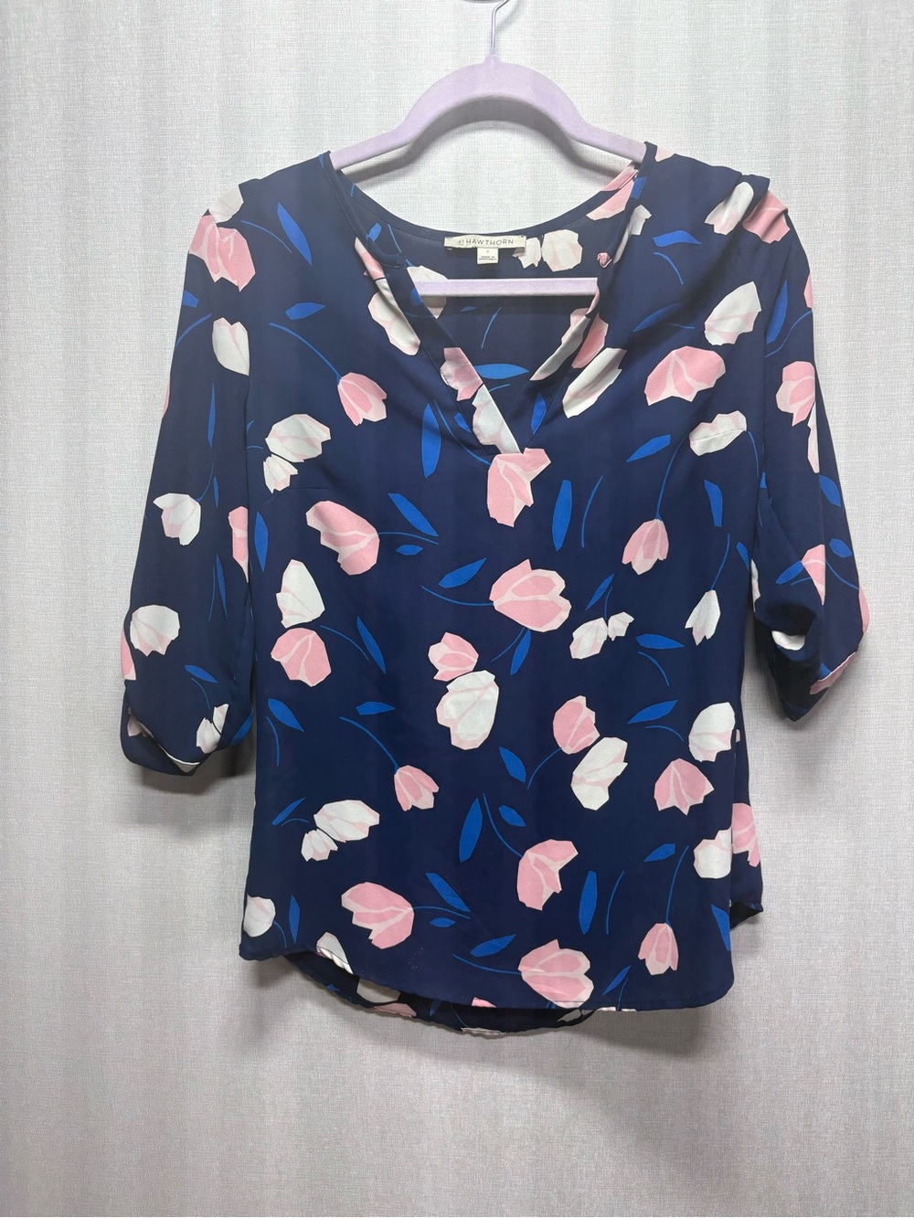 41 Hawthorn Navy V-Neck Blouse with Pink and White Floral Tulips